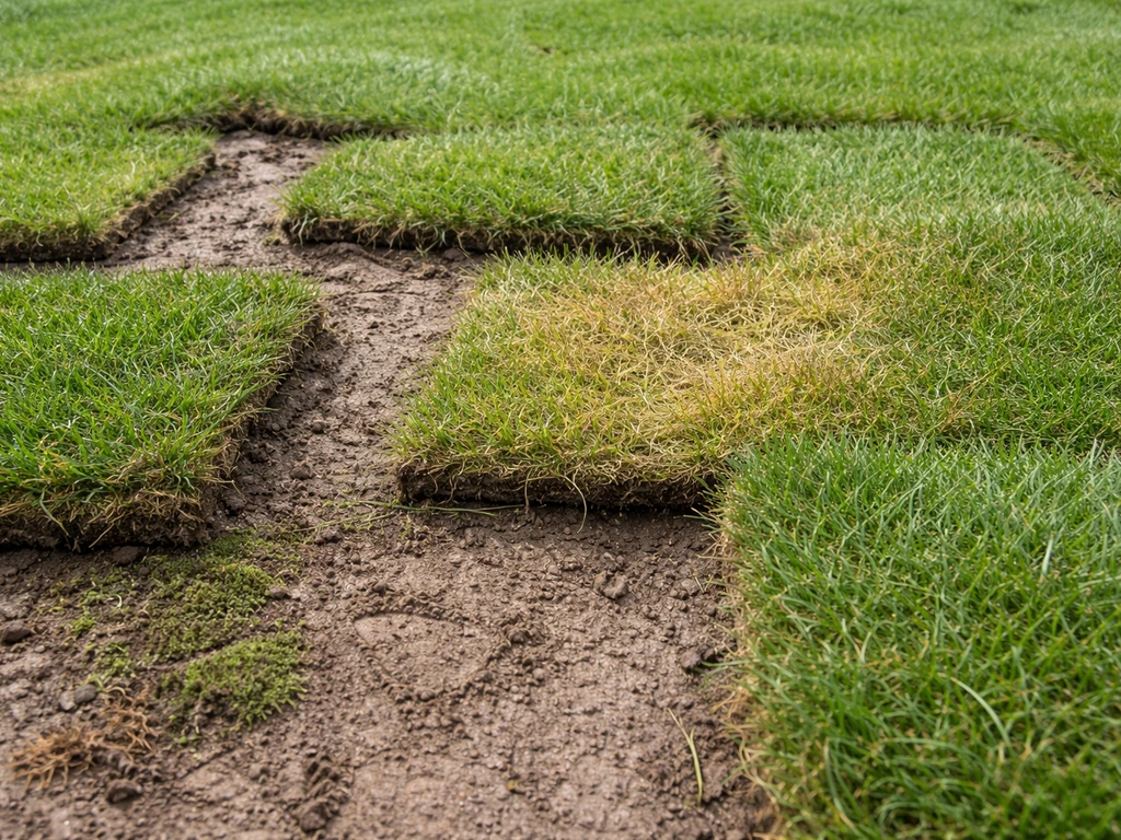 Gazon fraîchement posé avec plaques qui se soulèvent et jaunissement, traces visibles et une zone de mousse.
