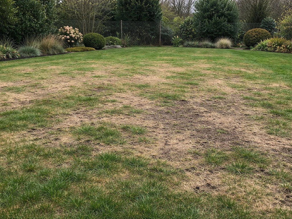 Vue large d’un gazon abîmé, zones brunes et clairsemées avec traces de feutrage dans un jardin.