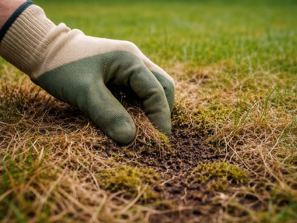 Main ou jardinier qui gratte et inspecte une zone de gazon abîmée avec de la mousse et du feutrage.