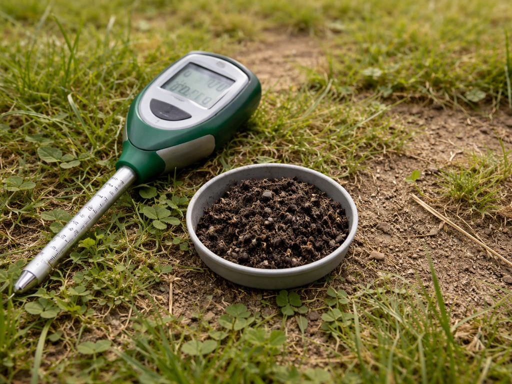 Kit de mesure du pH avec sonde et petite coupelle de terre sur un terrain enherbé