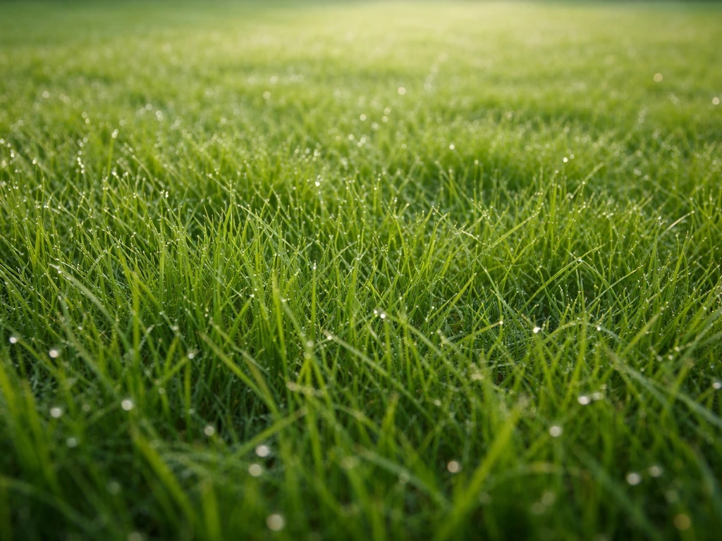 Gazon français dense et vert, rosée légère, vu en contre-plongée pour mettre en valeur la texture.