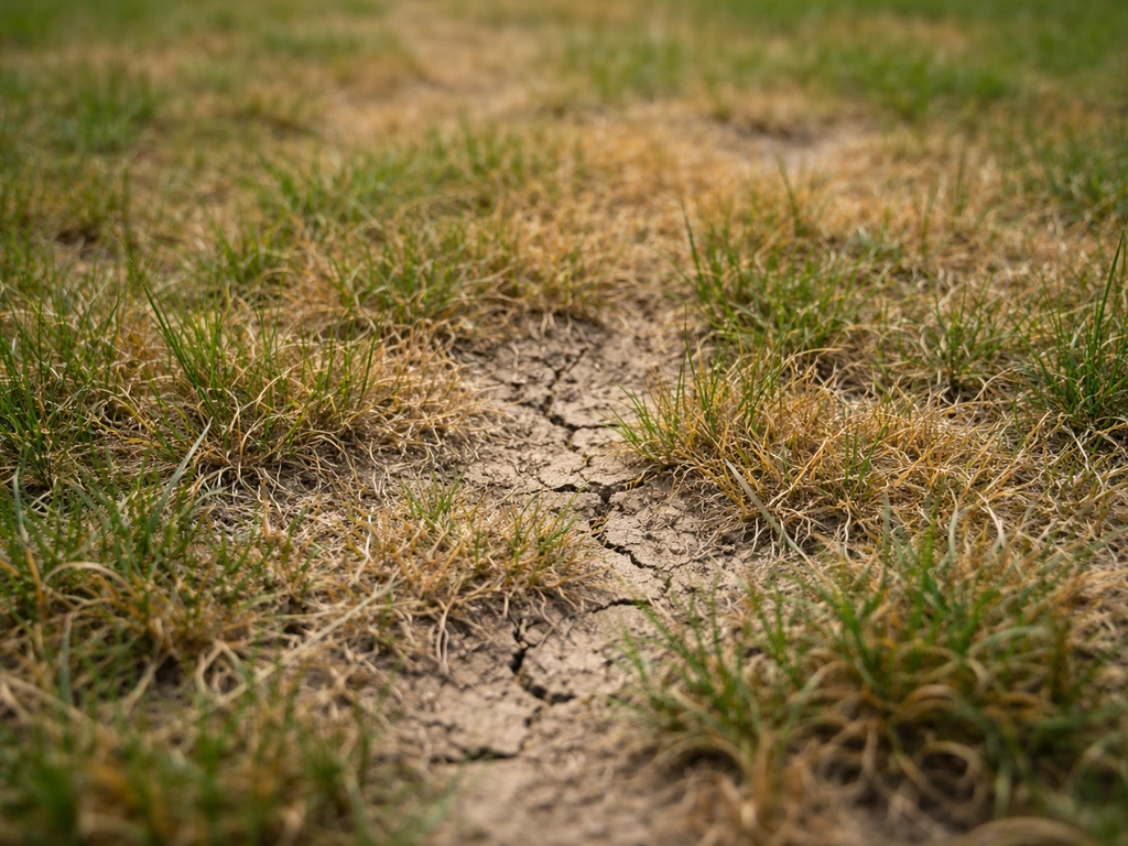 Gros plan sur une pelouse avec zones jaunes et sèches, brins clairsemés et sol légèrement craquelé.