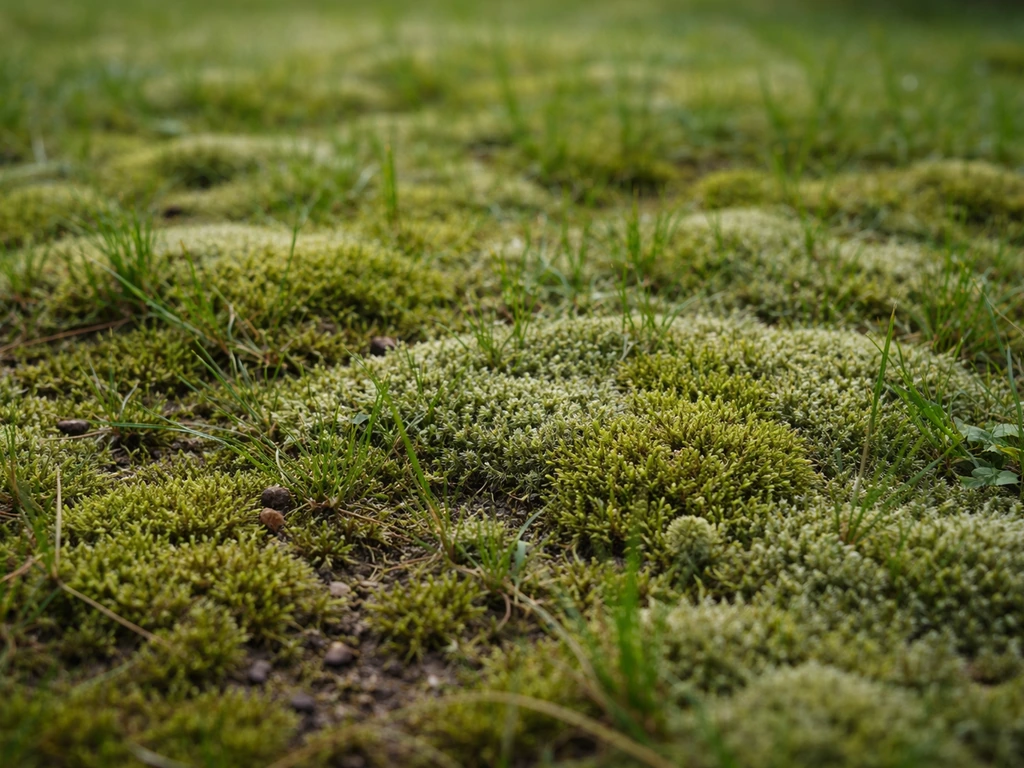 Gros plan sur une pelouse envahie par la mousse vert-gris, entre des brins d’herbe clairsemés.