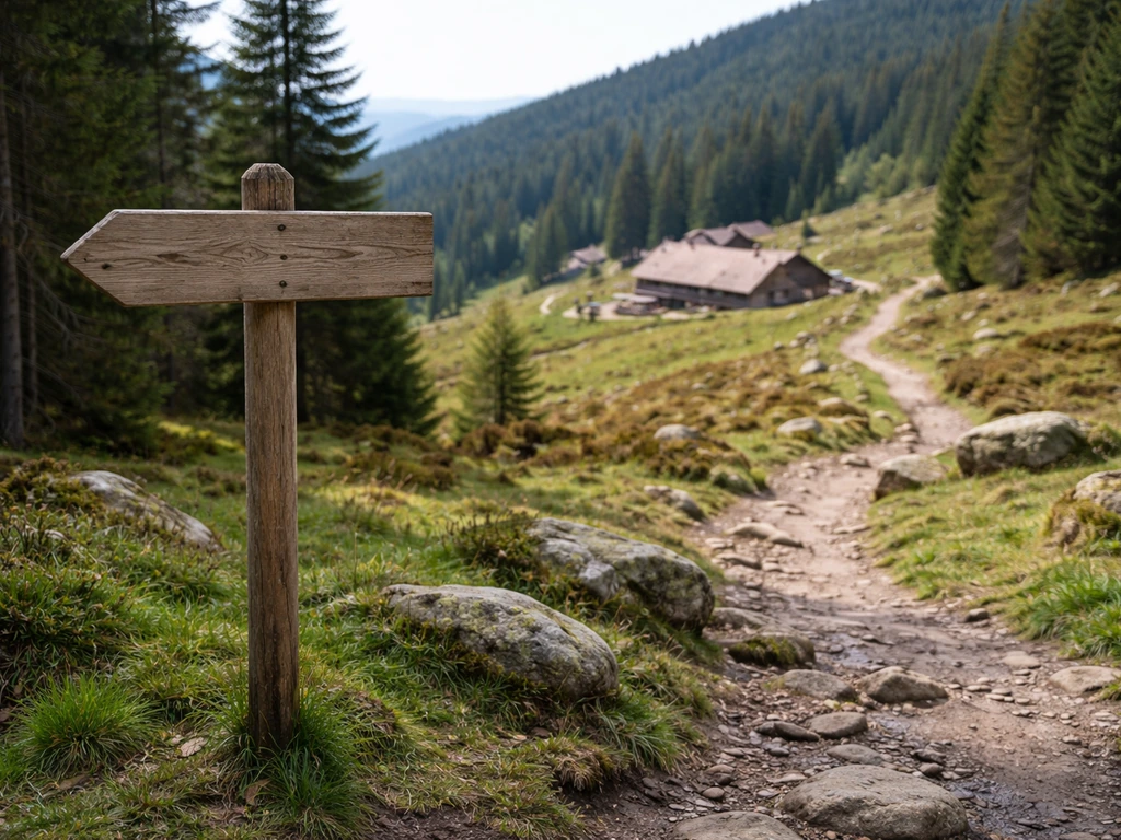 Sentier des Vosges avec un panneau de repère en bois, ferme-auberge au loin et chemins vers le Gazon du Faing.