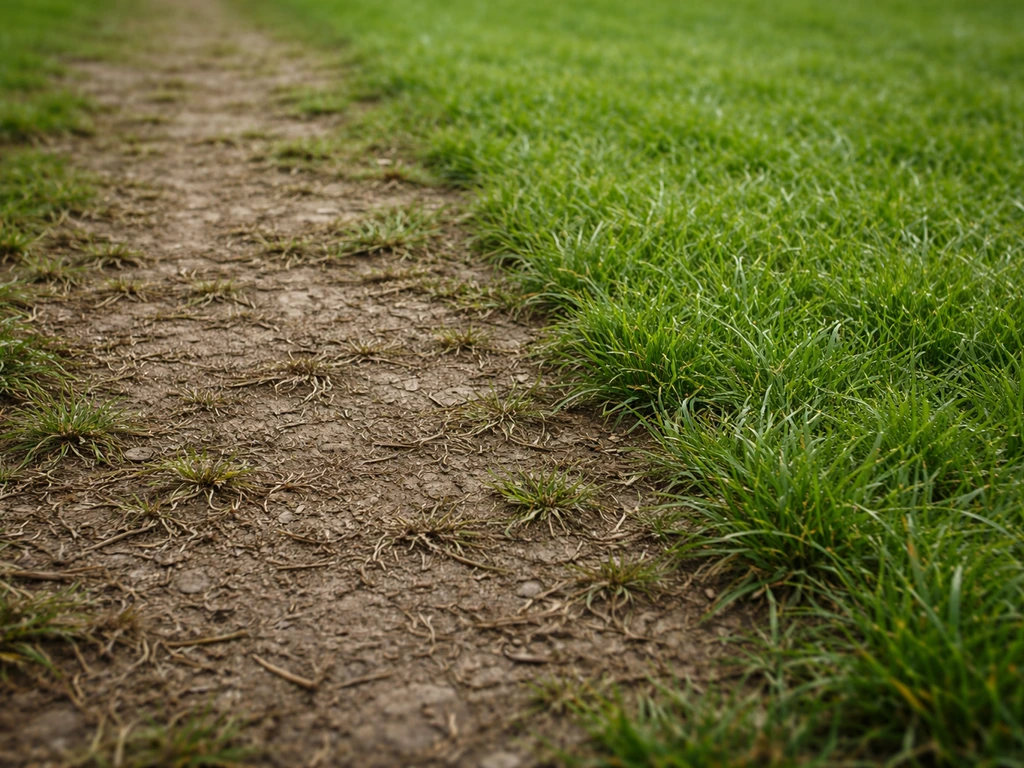 Gazon piétiné près d’un chemin, sol compacté brun, et zone voisine encore bien verte