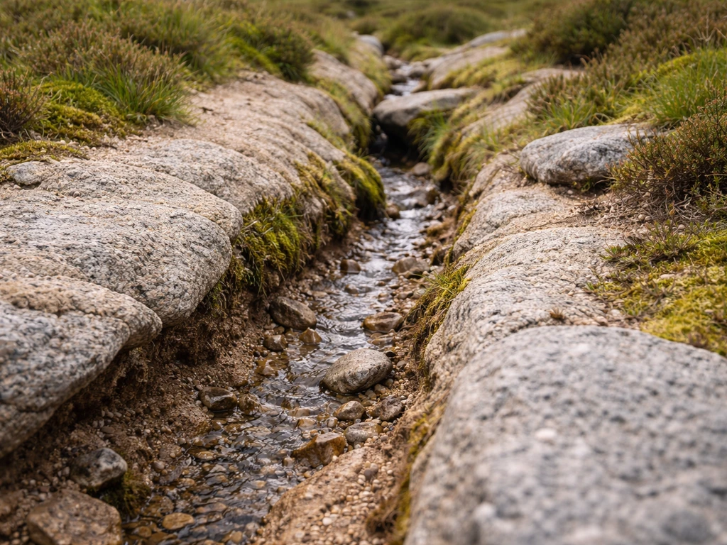 Détail d’une rigole de drainage dans un sol granitique de plateau vosgien, eau guidée vers l’écoulement