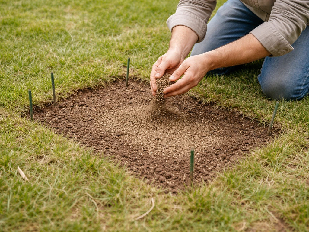 Jardinier réensemençant une plaque de gazon abîmée sur sol scarifié, recouvrement léger de terre et semences.