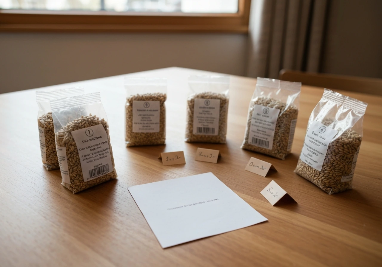 Sachets de graines de gazon sur une table, étiquettes et dosettes visibles, ambiance simple et réaliste