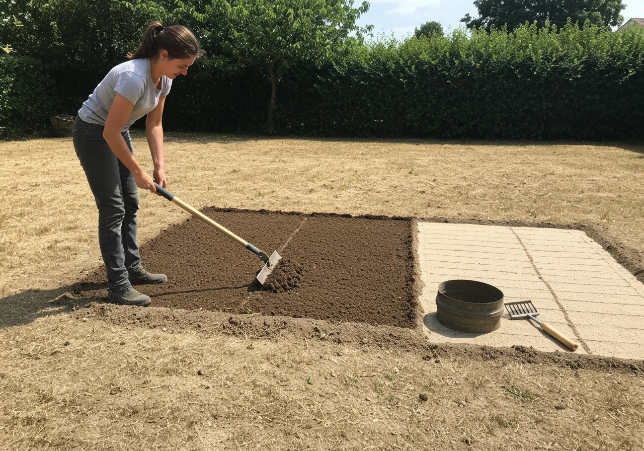 Jardinier anonyme prépare le sol en profondeur puis nivelle et sème, avant un léger passage au rouleau.
