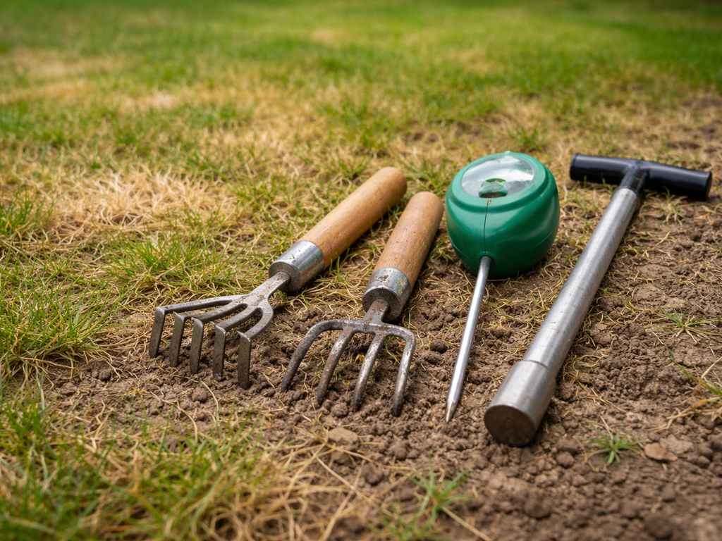 Checklist visuelle pour diagnostiquer un gazon : outils de jardinage au sol et signes de jaunissement de l’herbe.