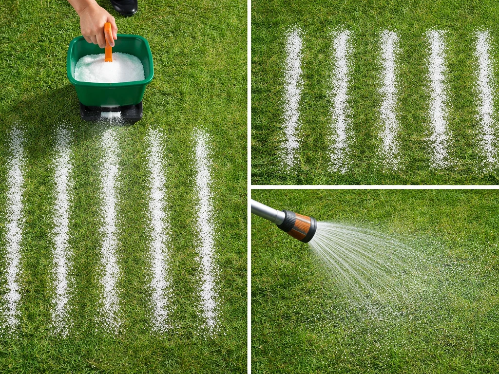 Pelouse vue du dessus : épandage de grains blancs de sel d’Epsom puis arrosage juste après