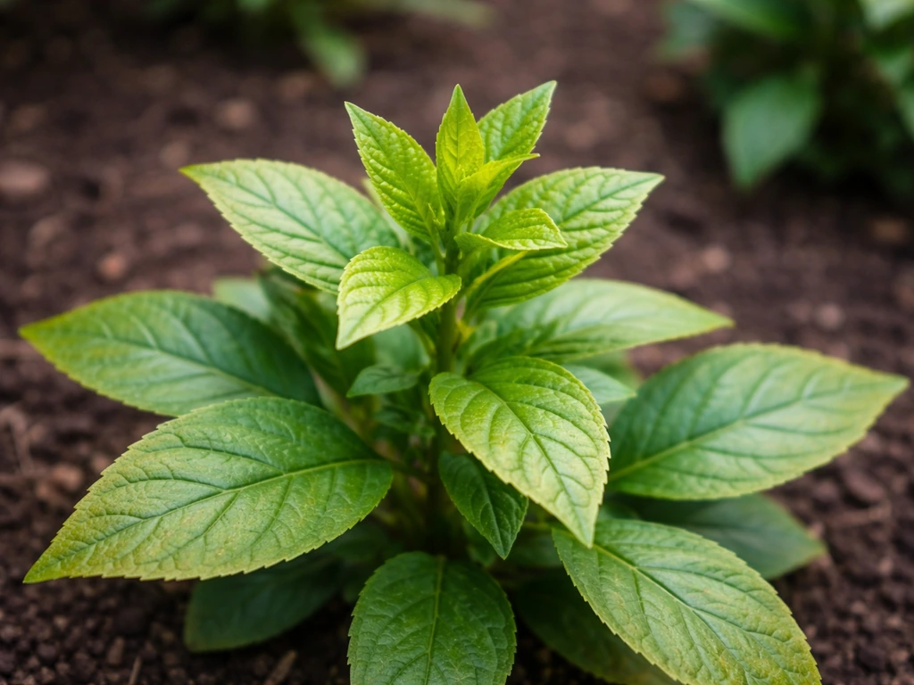 Feuilles et jeunes pousses vertes sur une plante, avec anciennes lames moins jaunies, gros plan naturel.