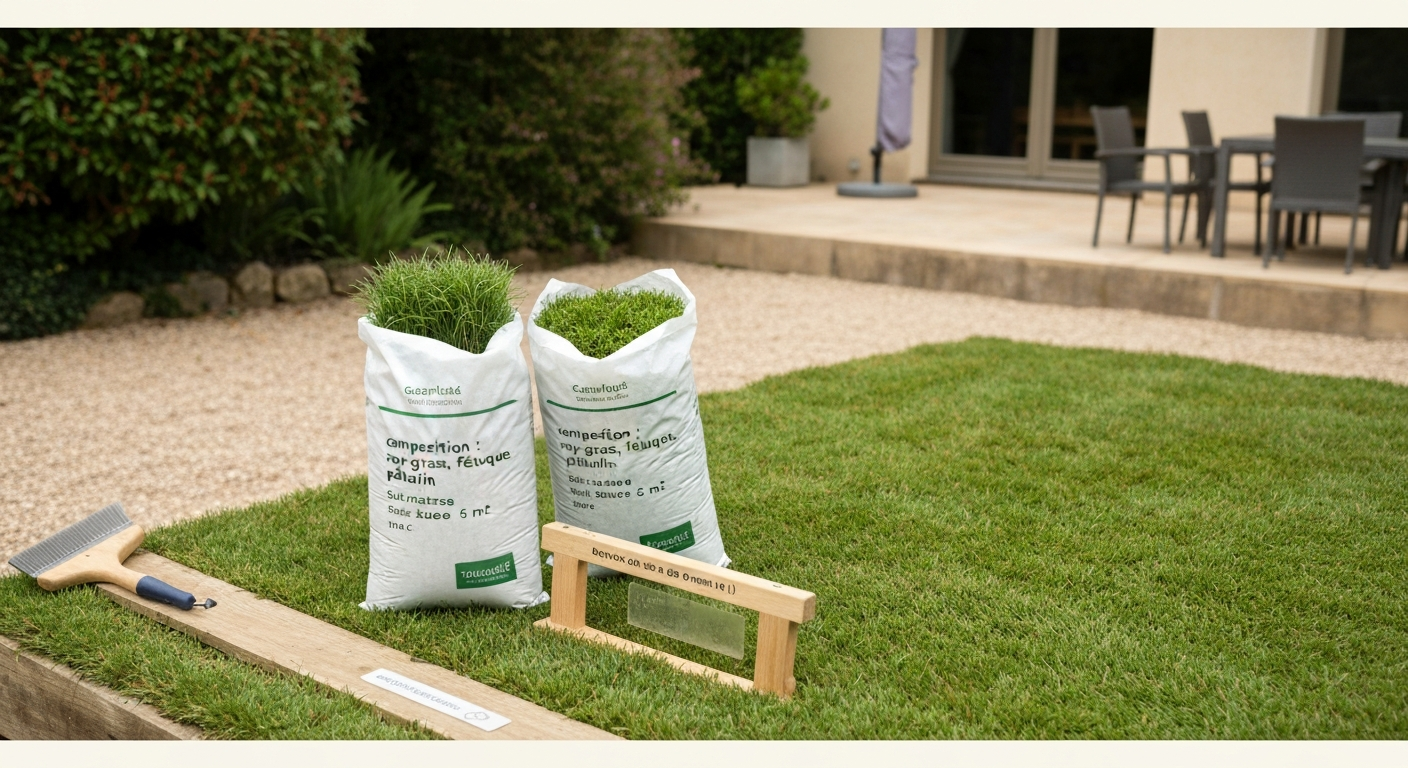 Pelouse verte avec deux sachets de semences (étiquette lisible « ray‑grass, fétuque, pâturin ») et outils de jardin posés au premier plan
