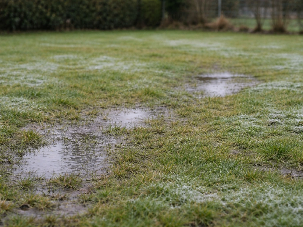 Pelouse de jardin détrempée, sol gelé par endroits, aucune tonte ni piétinement visibles.