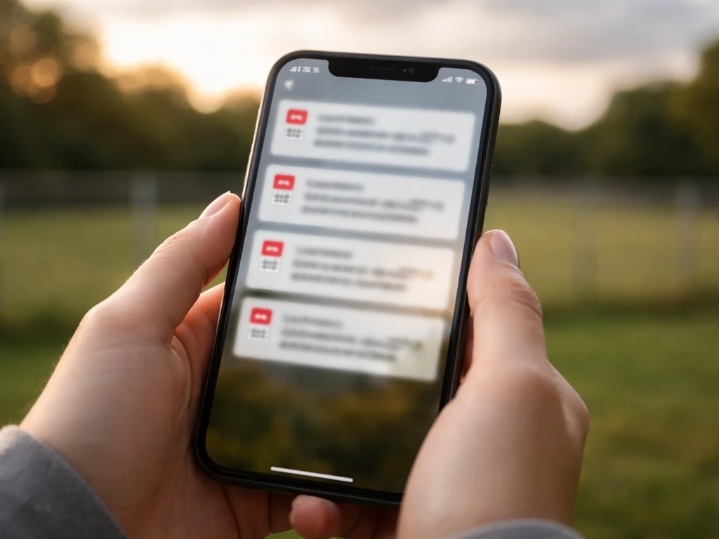 Gros plan d’un smartphone affichant des notifications floutées sur la fermeture d’un terrain municipal.