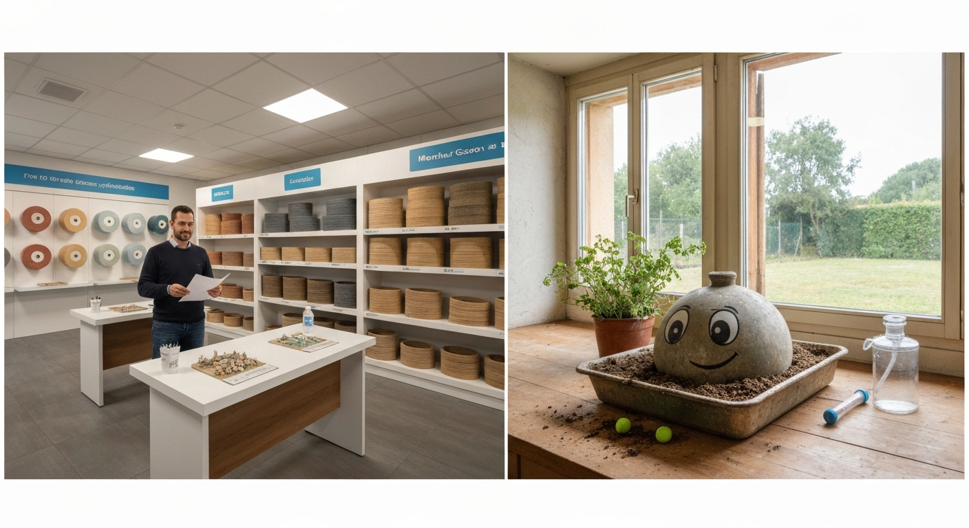 Diptyque : à gauche showroom de gazon synthétique avec échantillons, à droite un bonhomme "Monsieur Gazon" DIY poussant des brins d'herbe sur un rebord de fenêtre.