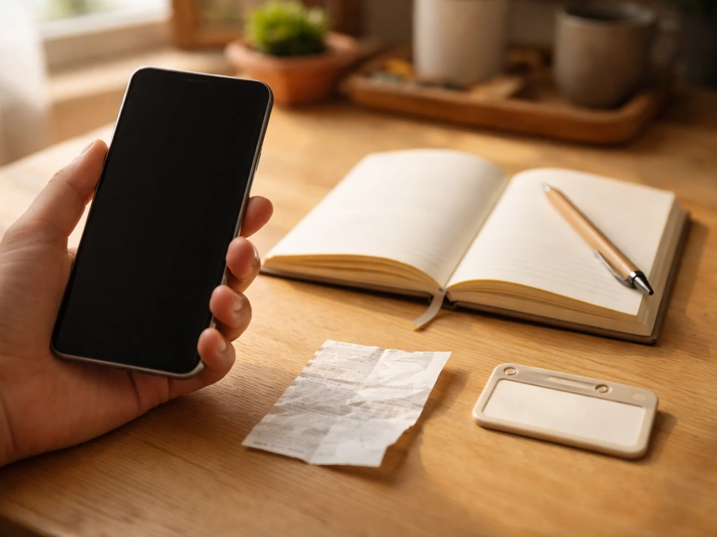 Une main prend un smartphone, sur une table simple, avec une note et un ticket froissé évoquant l’avis vérifié.