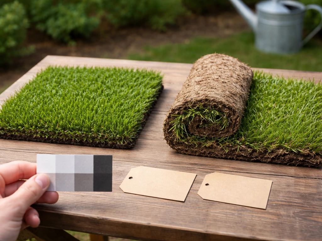 Pose d’un tapis de gazon synthétique à côté de rouleaux de pelouse naturelle, rendu réaliste en intérieur.