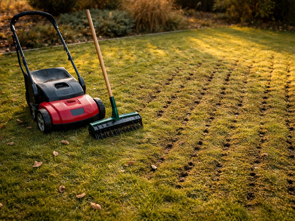Scarificateur et aérateur au sol avec petites ouvertures dans le gazon d’automne, jardin minimal.