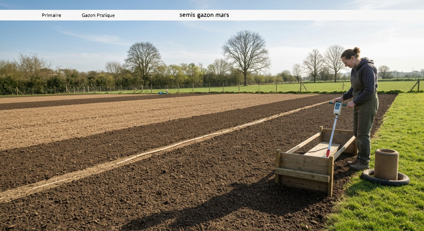 Jardin français prêt pour semis en mars : épandeur, thermomètre indiquant ~10–12 °C, râteau et rouleau léger.