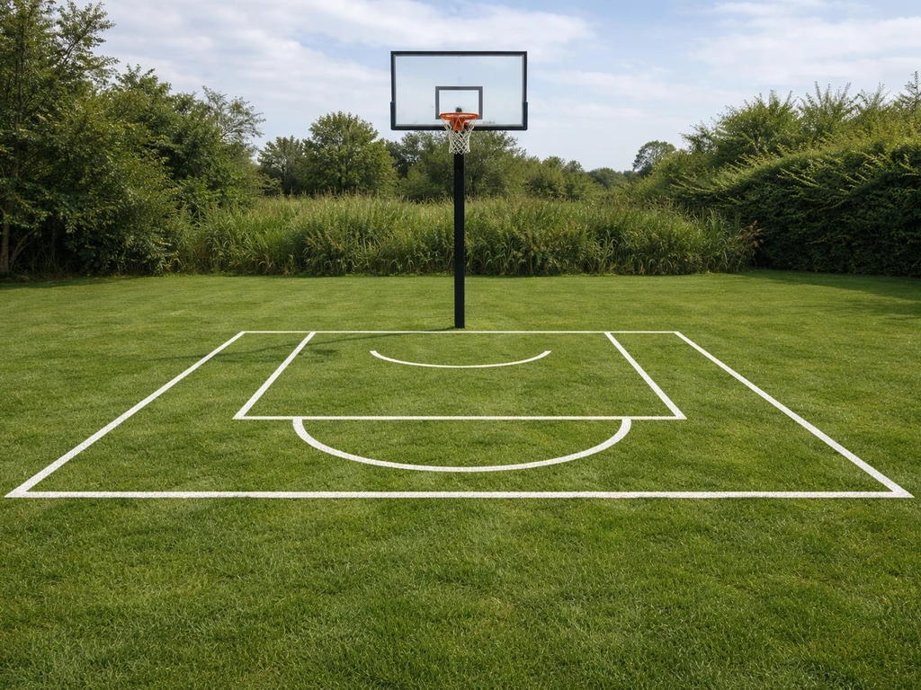 Terrain de basket 3x3 sur gazon naturel extérieur, poteau ancré et lignes de jeu nettes