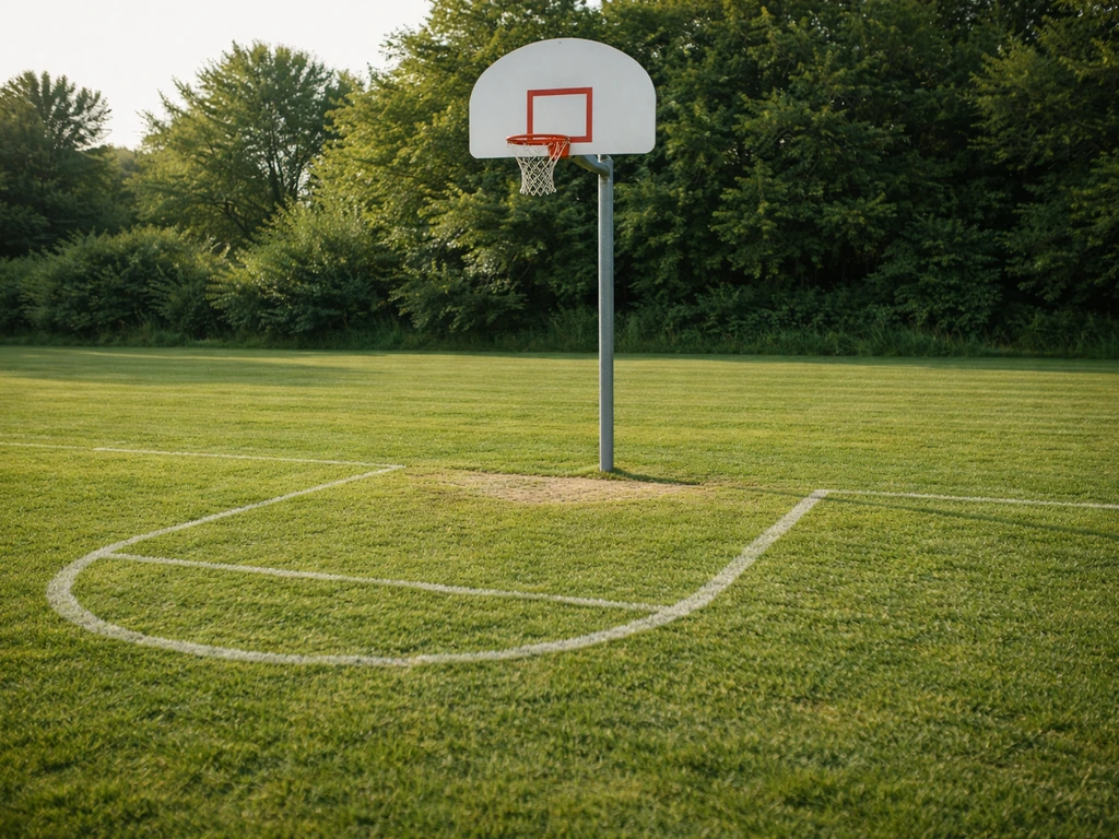 Terrain de basket sur gazon naturel, panier et lignes visibles, herbe bien texturée, sans personne.