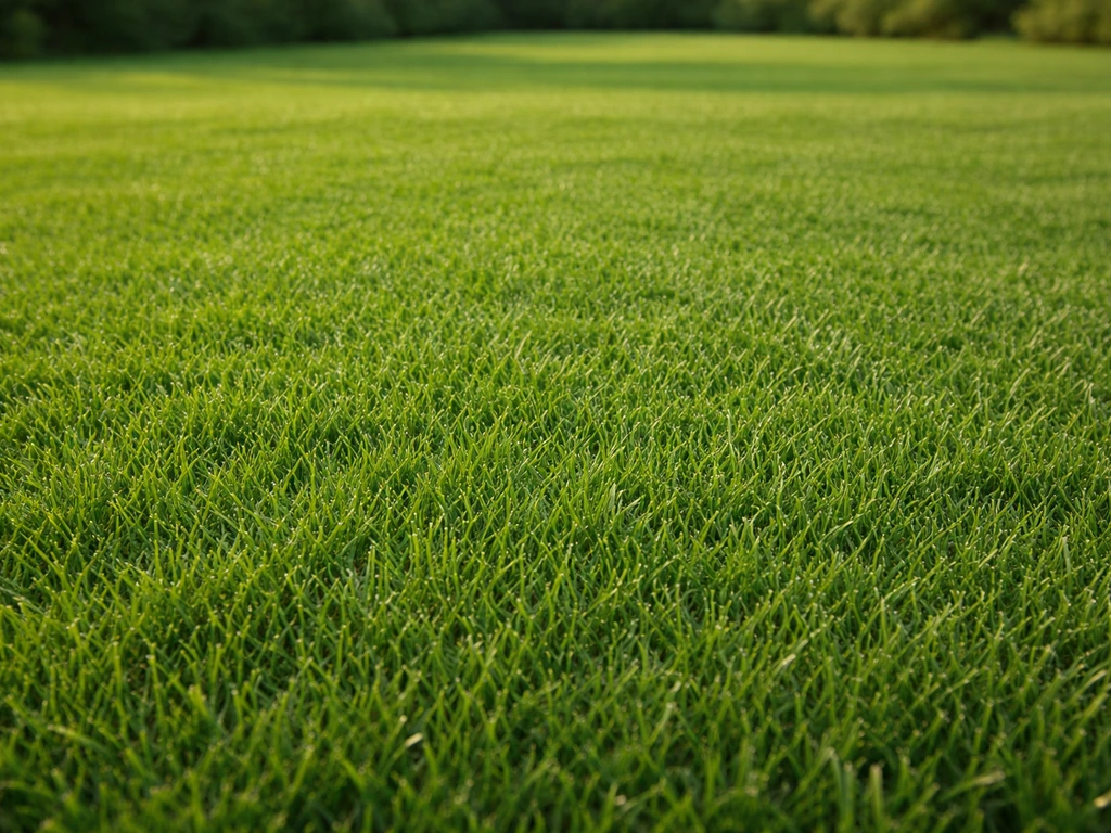 Gazon vert dense et uniforme, gros plan sur texture et absence de zones clairsemées.