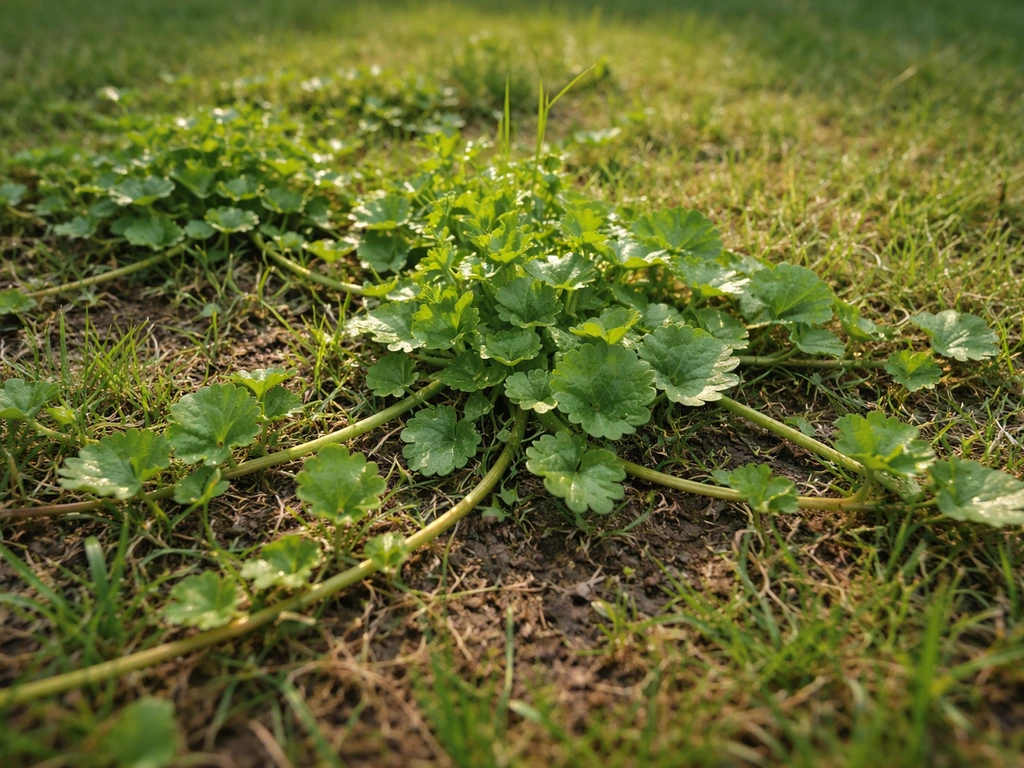 Gros plan au ras du sol sur une ficaire rampante formant de petites plaques vertes dans la pelouse.