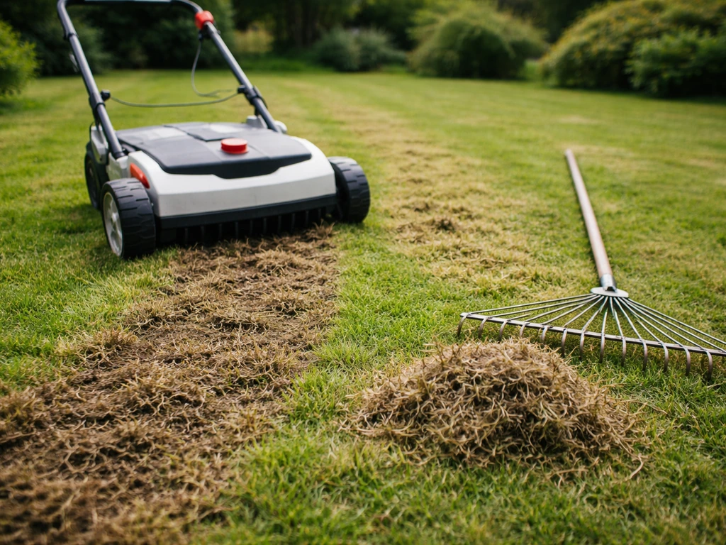Scarificateur tiré sur une pelouse, puis un râteau ramasse les résidus de feutrage et d’herbe.