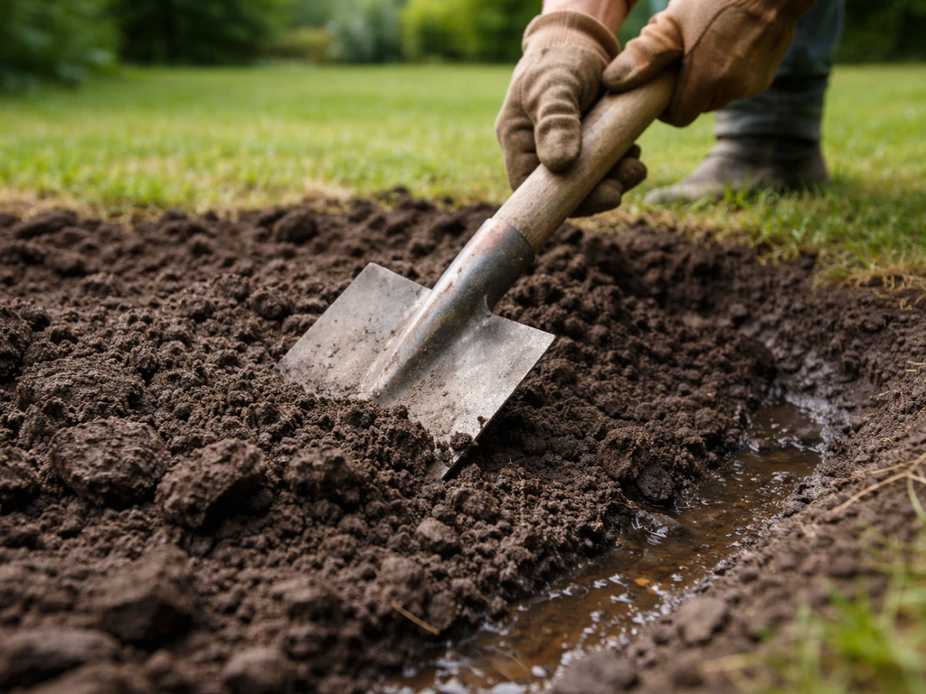 Mains utilisant une bêche pour aérer une zone humide du jardin, amélioration du drainage visible sur le sol.