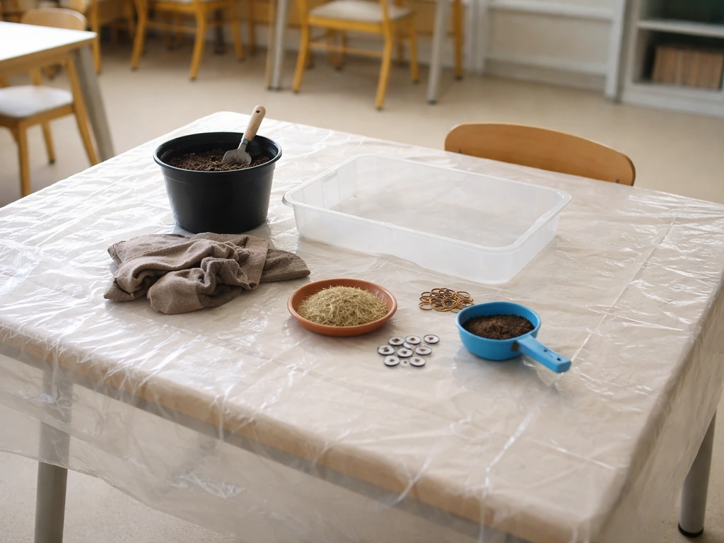 Vue d’une table de classe recouverte d’une nappe plastique, prête pour préparer des têtes à gazon.