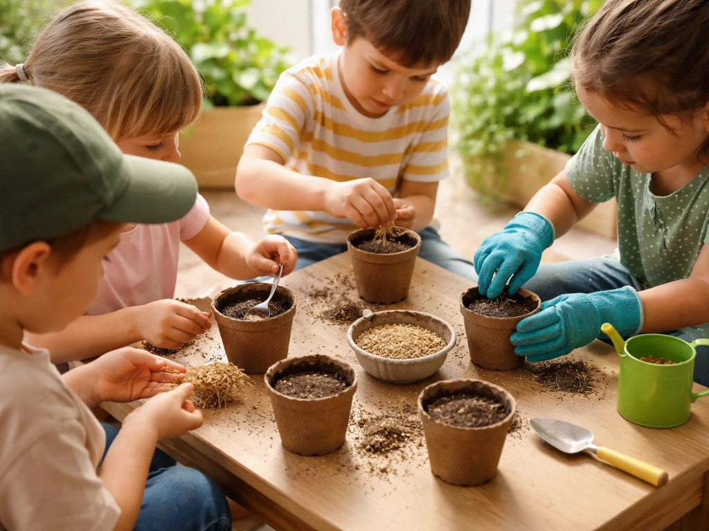 Enfants de maternelle en atelier jardin, observation puis semis de graines dans de petits pots