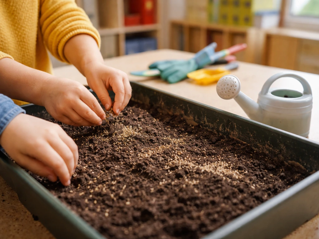 Des enfants sèment des graines de gazon avec des mains et un arrosoir, dans un petit bac de terre en maternelle.