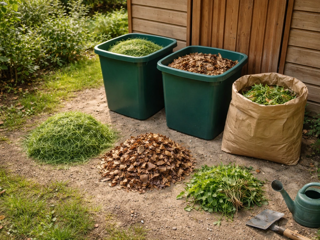 Deux bacs et un sac biodégradable dans un jardin, montrant tontes d’herbe, feuilles et mauvaises herbes séparées.