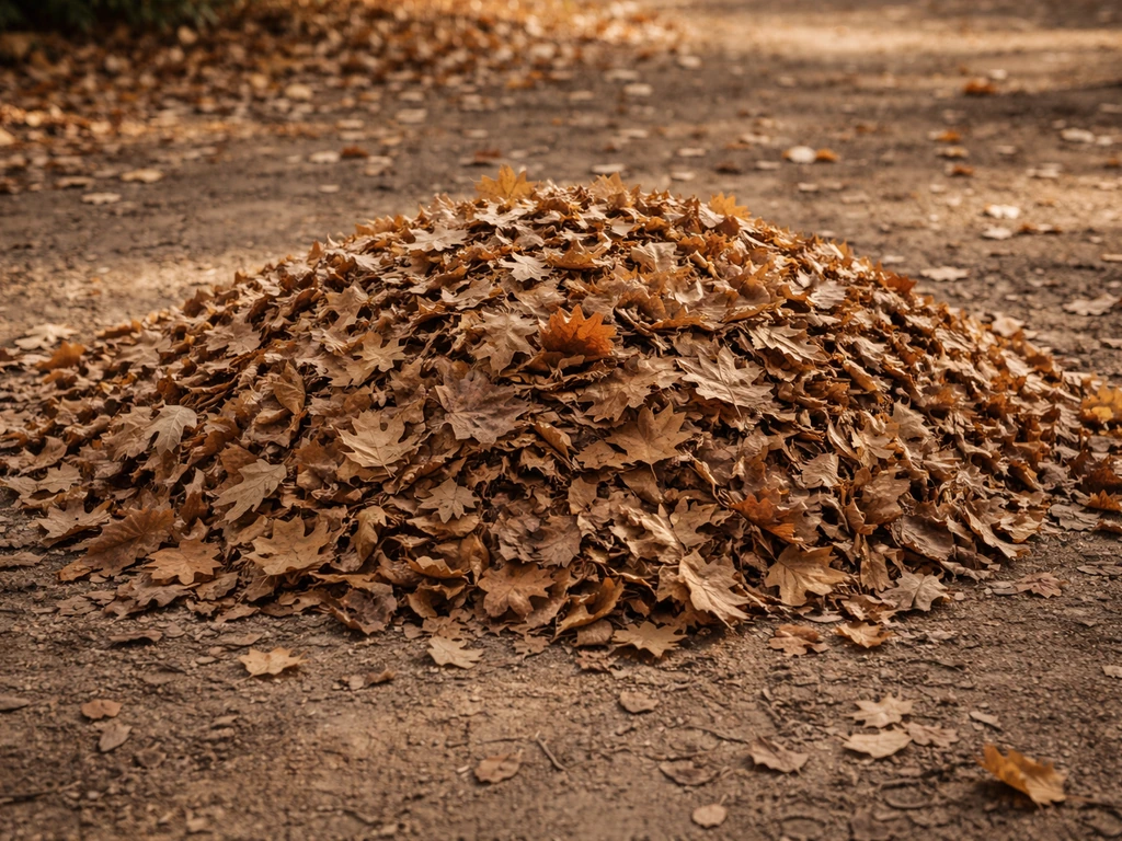Tas de feuilles mortes sèches brunes et dorées sur un sol de jardin, prêt pour le compost.