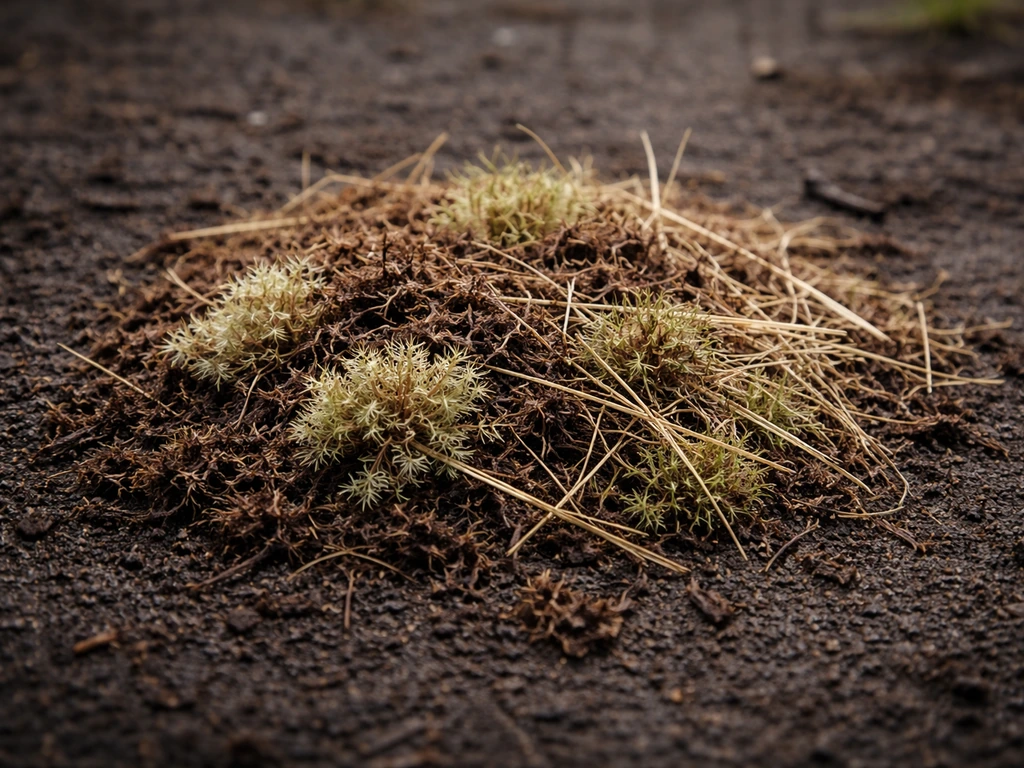 Gros plan sur du feutre de scarification, de la mousse et des débris d’herbe sèche sur un sol sombre