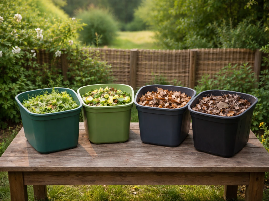 Coins de jardin minimal avec quatre bacs de compostage étiquetés sans texte, illustrant le tri saisonnier.