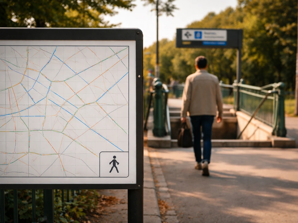 Arrêt de métro parisien près d’un parc, personne anonyme marche, pictogramme à pied non textuel.