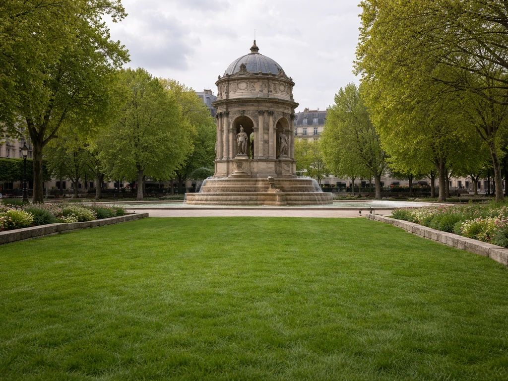 Gazon et fontaine Notre-Dame sur l’île de la Cité, cadrage clair pour repérer le bon lieu.
