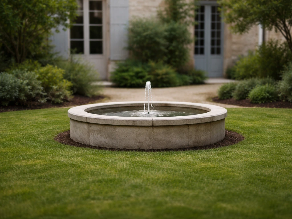 Gazon vert et petite fontaine en pierre dans une cour calme, vue simple pour évoquer une “Fontaine-Notre-Dame”.