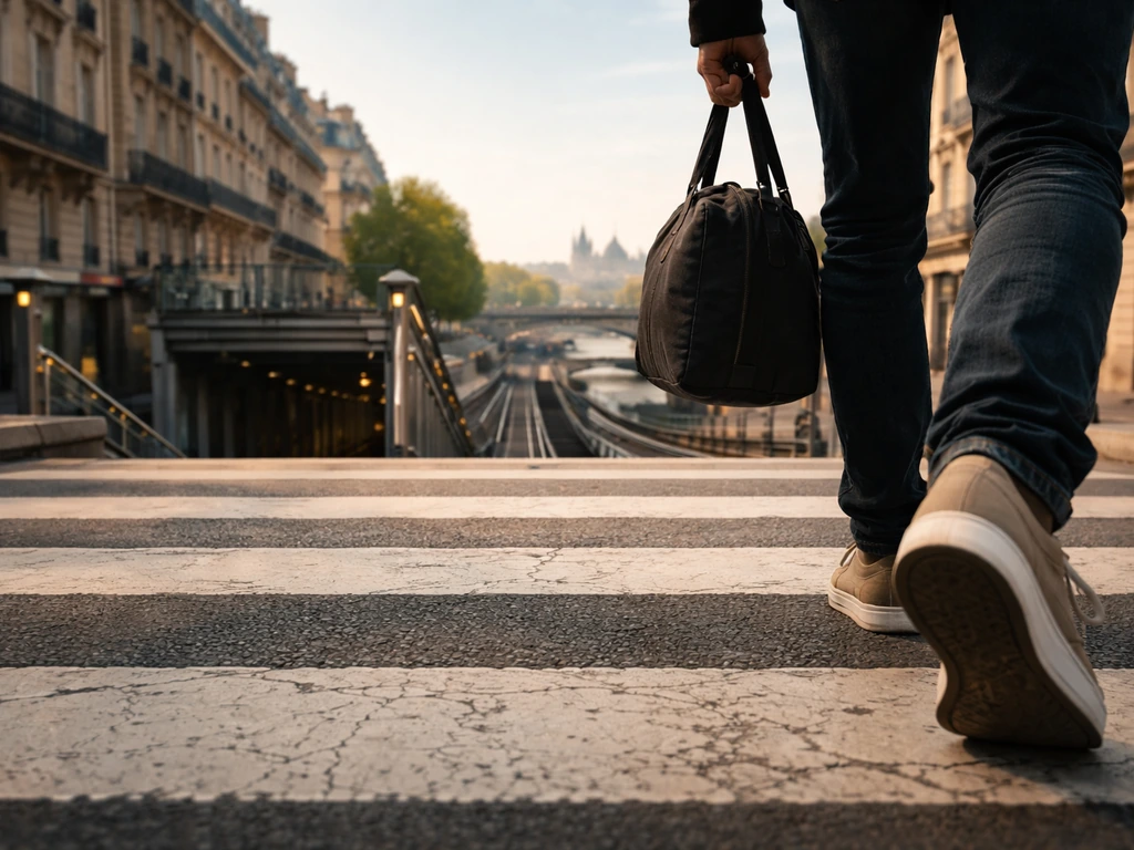 Un voyageur de dos traverse un passage piéton à Paris, en direction du centre et des abords de l’île de la Cité.