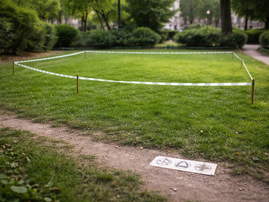 Pelouse d’un square délimitée par un balisage discret et pictogrammes au sol, pour éviter de piétiner la pelouse au repo