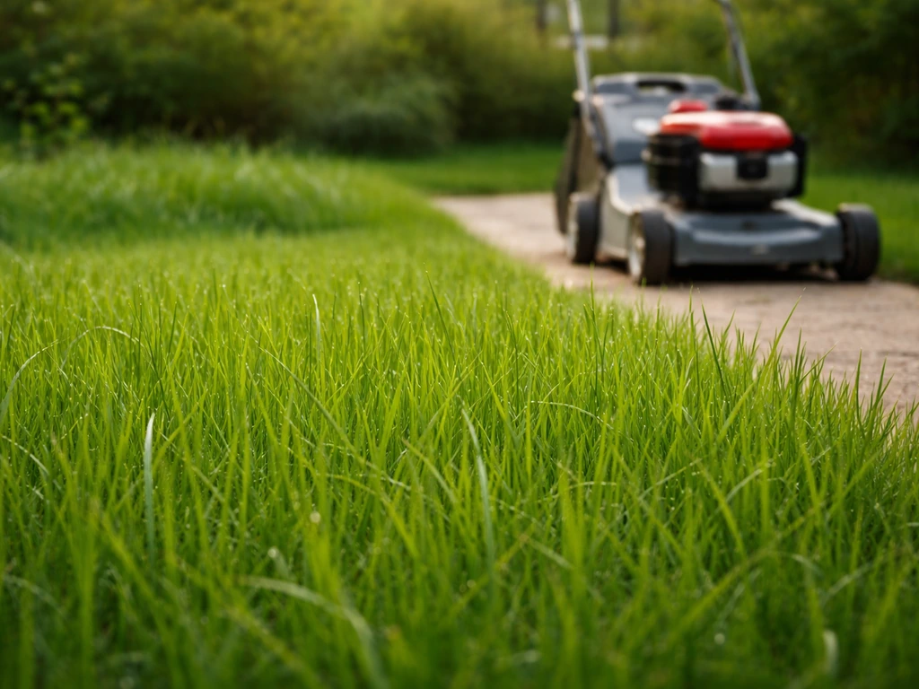 Tondeuse près d’une jeune pelouse : herbe d’environ 8–10 cm après semis, repère de hauteur visuel