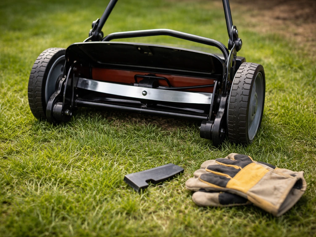 Tondeuse de jardin ouverte, lame affûtée à côté d’un plan de coupe, avec gants et protection.