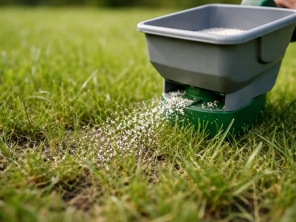 Pelouse de jardin entre les brins d’herbe, terre visible et épandeur distribuant de la chaux gazon