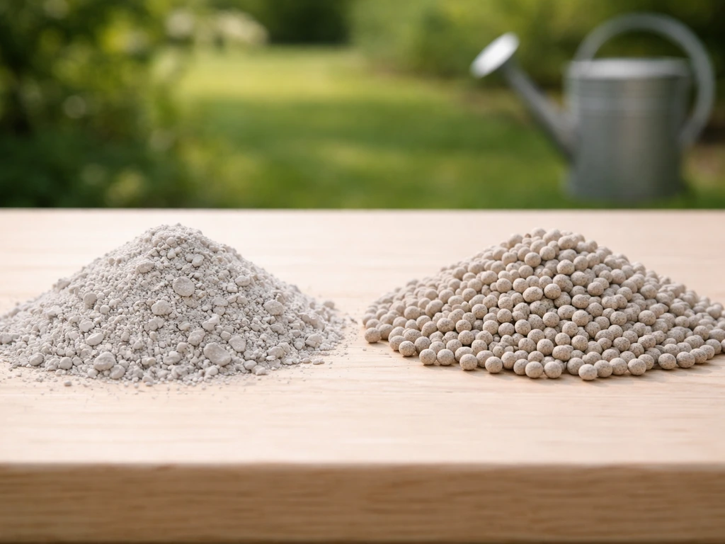 Deux sacs de chaux de jardin différents sur une table : aspect calcaire broyé et granulés, pour comparer.