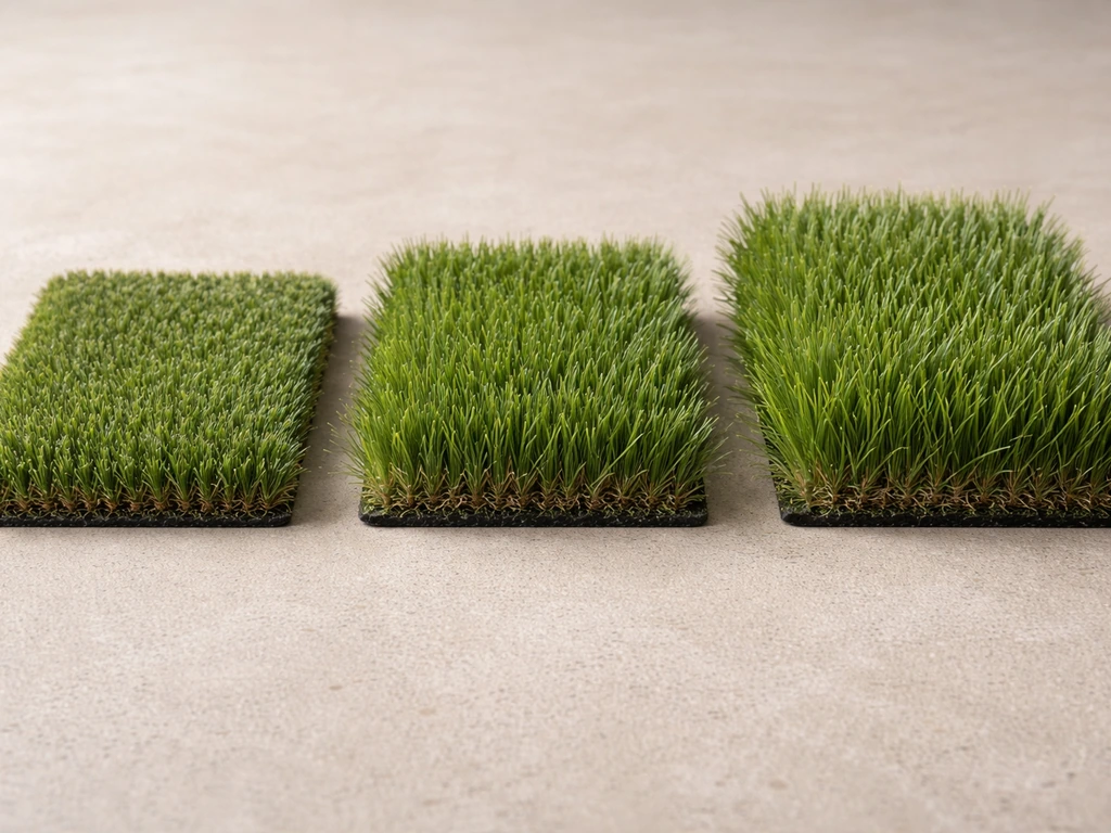 Gros plan comparatif de fibres de trois coupes de gazon (25, 38, 50 mm) montrant couleur et densité.