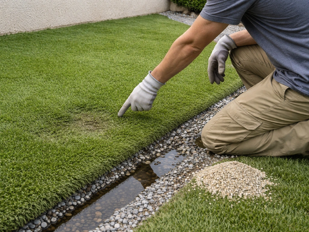 Pelouse synthétique avec zone de tassement et drainage à corriger, vue chantier en extérieur, personne au fond.
