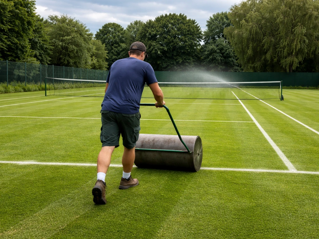 Travaux d’entretien d’un court de tennis en gazon : rouleau, ratissage et arrosage, préparation avant compétition.