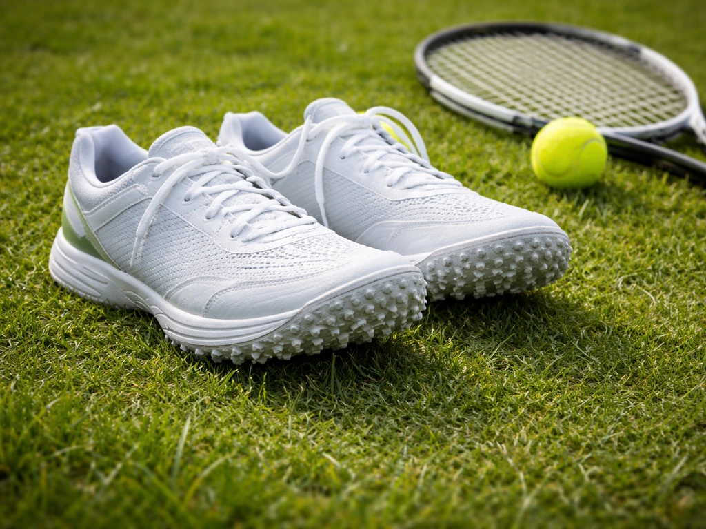 Chaussures de tennis pour gazon à crampons, avec raquette et balle, posées sur une pelouse verte.